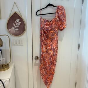 AIIFOS Orange and Purple One Puff Shoulder Midi Dress Small